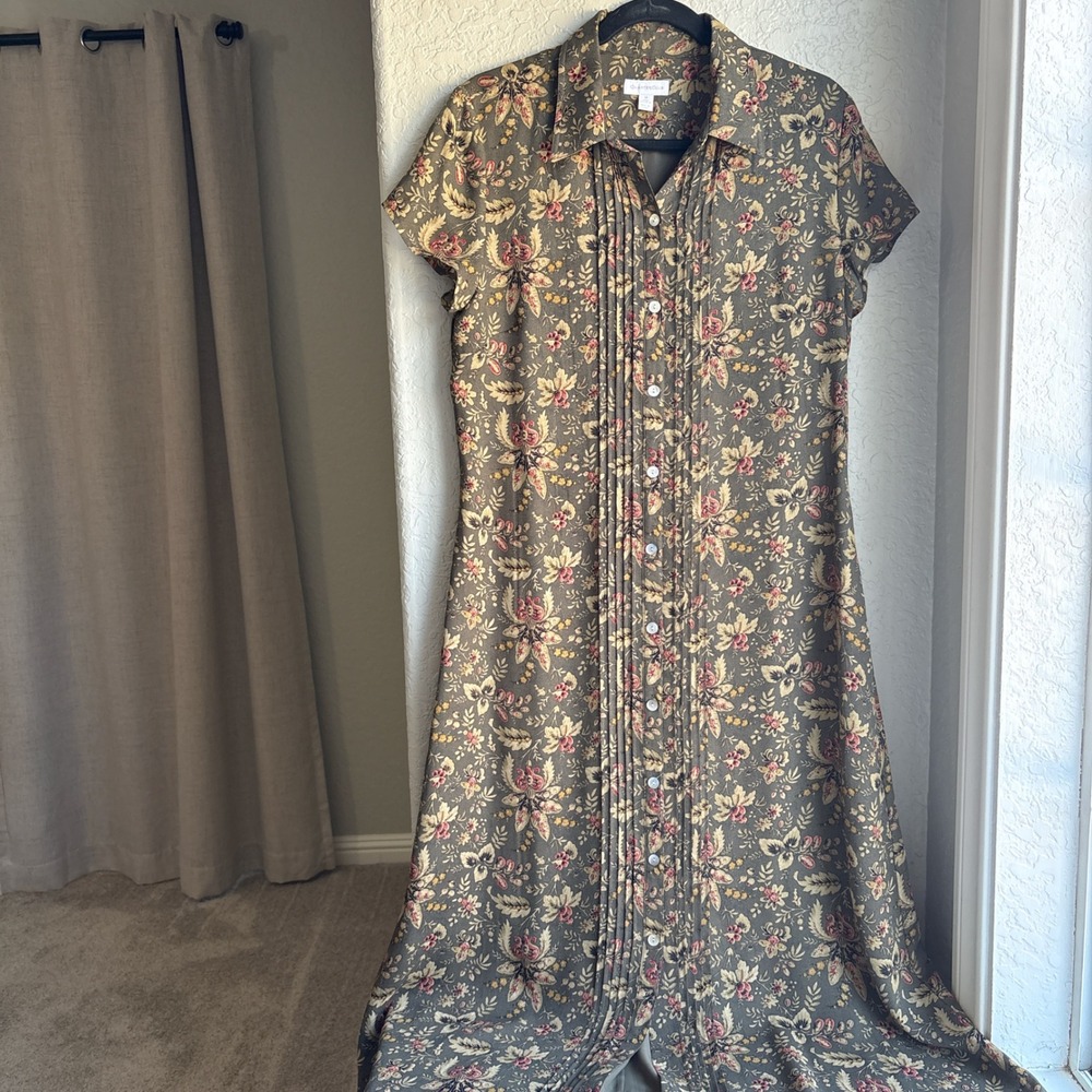 Vintage Floral 10 Maxi Dress Pintuck Cottage Prairie Cowgirl Olive Green Button